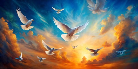 Abstract painting of doves in blue and orange sky for Pentecost Sunday Generative AI