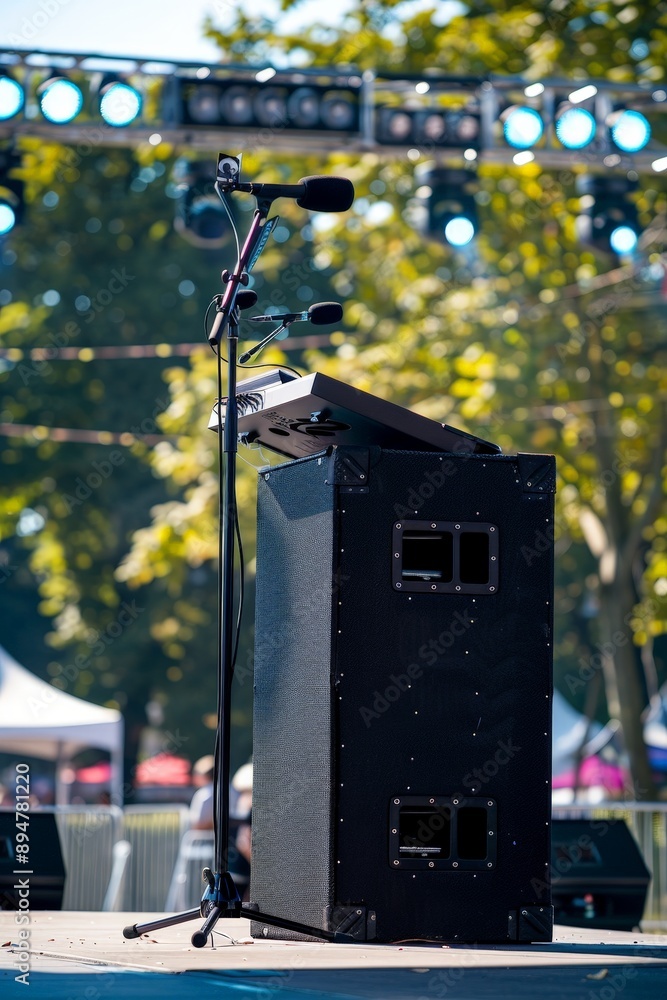 Wall mural Imagine a podium at a music festival, designed to accommodate both speeches and live performances. What features make this podium versatile for different types of presentations