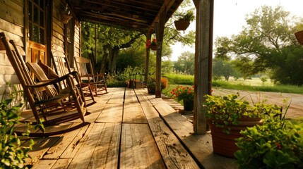 Obraz premium A rustic farmhouse with a wooden porch and rocking chairs, capturing the charm of country living.