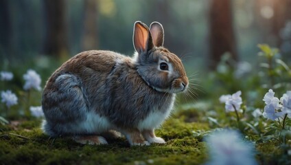 Fototapeta premium generative ai A brown rabbit is sitting in a dense forest with green vegetation all around. 