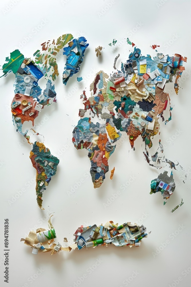 Poster imagine a world map made entirely of recycled materials. discuss the environmental message this map 