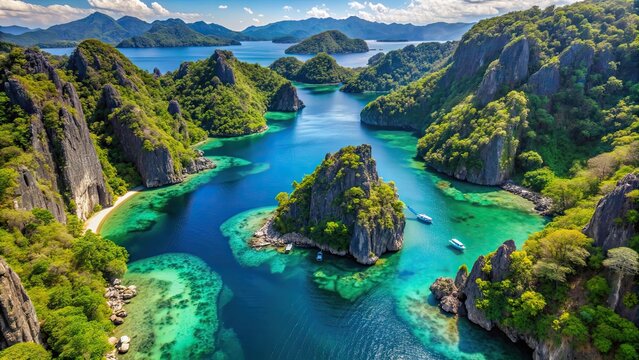 Aerial view of stunning lagoons and limestone cliffs in Coron, Palawan, Philippines, aerial view