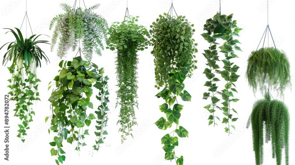 Poster Isolated hanging green plant collection on white