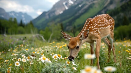 A young deer grazes peacefully amidst a field of various wildflowers in an alpine meadow, with majestic snow-capped mountains in the background under a clear sky.