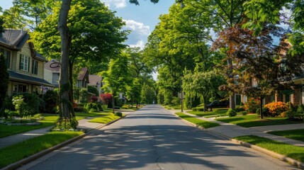 Fototapeta premium A suburban neighborhood street lined with trees and family homes, embodying residential tranquility.