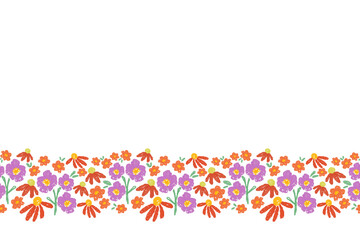 Flowers pattern seamless watercolour crayon texture hand drawn ditsy minimalist colourful red pink flowers illustration on white background border 300dpi. 