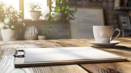 Mockup of a warm home setting with a coffee cup and empty clipboard