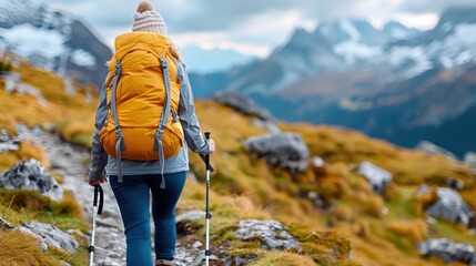 A solo hiker wearing a yellow backpack treks along a rugged mountain trail, capturing the spirit of...