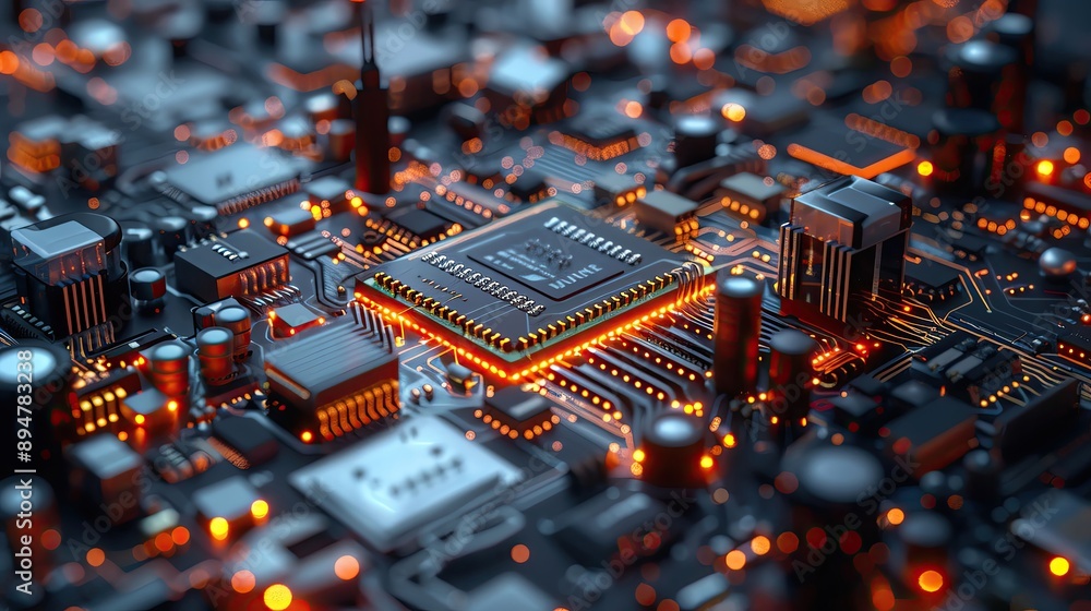 Poster close-up of an illuminated electronic circuit board with vibrant components, showcasing modern techn