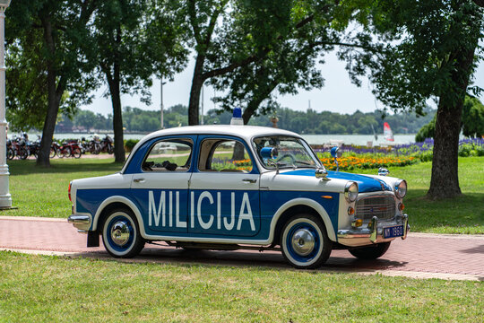 Police car Fiat 1100 Millecento 1958 (related to Zastava 1100) - narodna milicja SFRJ (People Militia of Jugoslavia).  Palic, Serbia, 30.06.2024