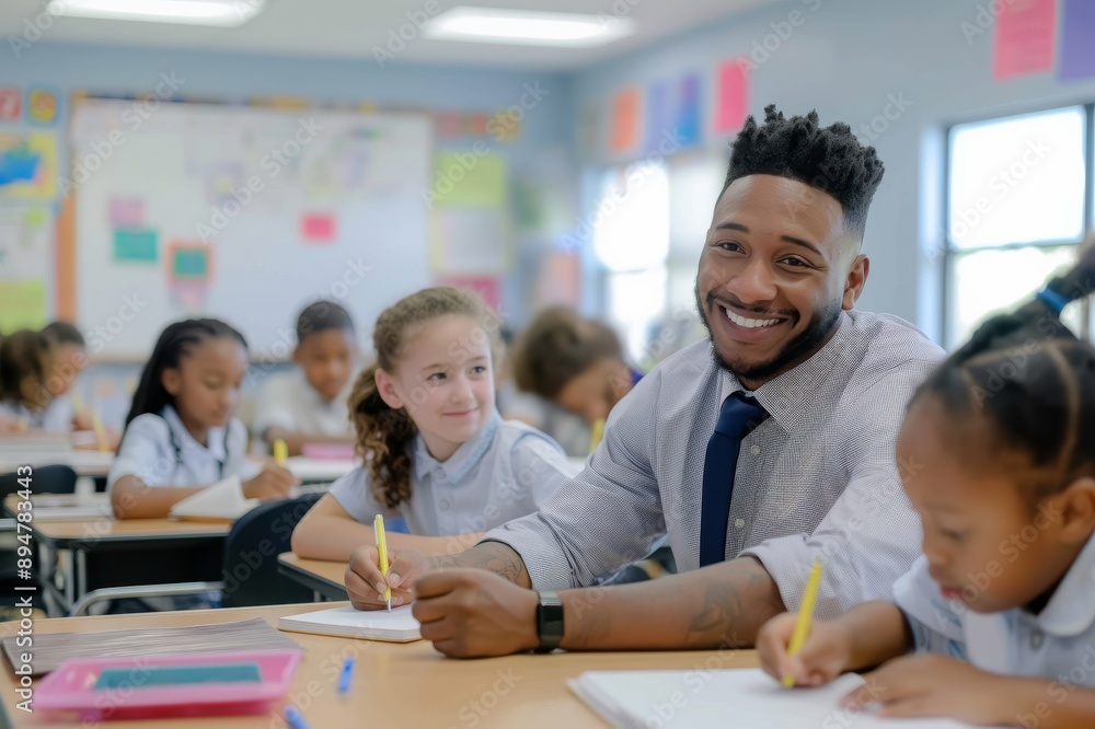 Poster a young teacher fosters a collaborative learning environment in a welllit classroom with diverse edu