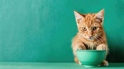 Ginger cat playfully nudging its feeding bowl, with a bright green background