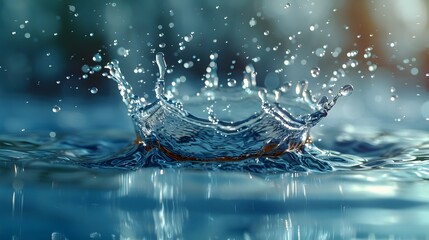Water droplet splash, high-speed photography, crystal clear liquid, crown formation, suspended water droplet, bright sunlight, vibrant blue background.