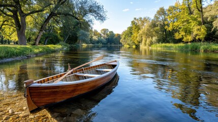 Obraz premium A wooden rowboat rests on the calm waters of a forest river during sunset, surrounded by the serene beauty of towering trees with golden foliage reflecting in the clear water.