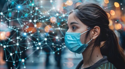 Woman Wearing Mask with Digital Network Overlay