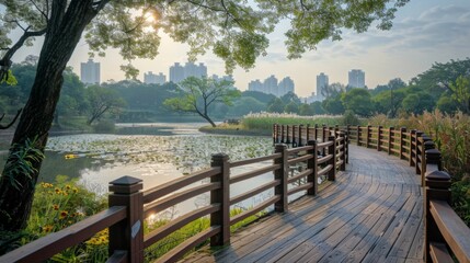 Fototapeta premium Scenic Urban Park with Wooden Walkway
