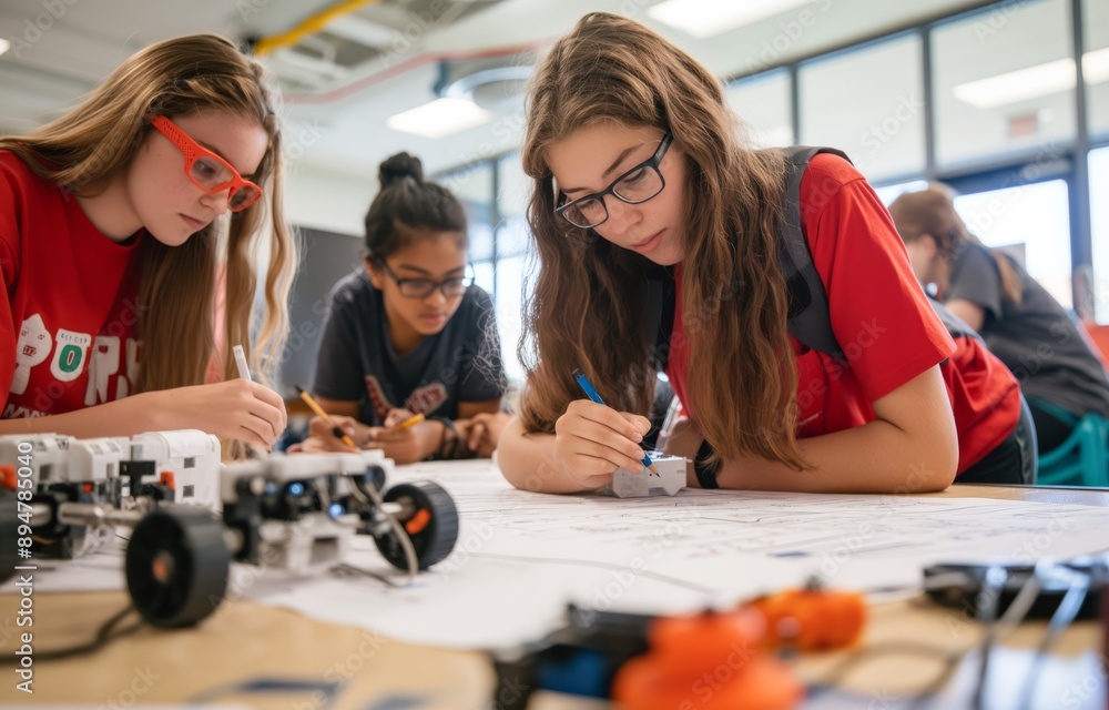 Aufkleber Students collaborating on a robotics project in a classroom demonstrate teamwork, engineering, and STEM education, engaging young minds in problemsolving and technical skills development