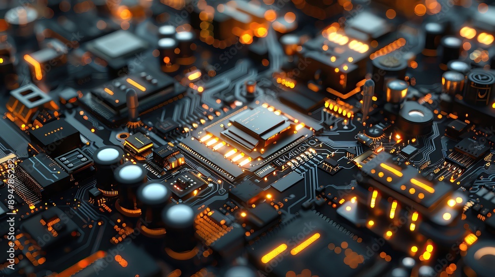Poster close-up of a glowing electronic circuit board with microchip components, showcasing advanced techno