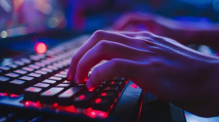 Close-up Hands Typing on LED Keyboard