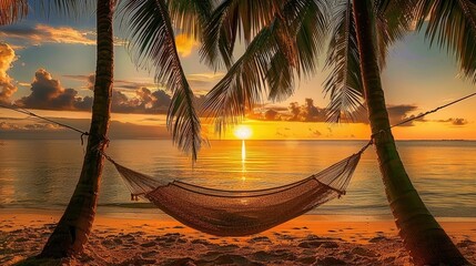 A hammock strung between two palm trees on a beach, with a serene sea view and the sun setting in the background.