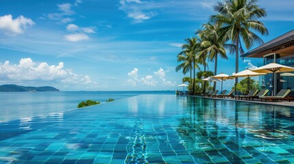 Obraz premium A luxury resort by the sea with infinity pools, beach chairs, and palm trees, set against a backdrop of a clear blue sky and sparkling water.