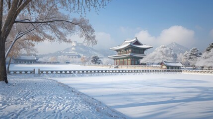 A peaceful winter day at Gyeongbokgung Palace, with snow blanketing the historic grounds.