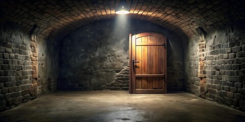 Subterranean cellar door ajar leading into darkness the sound of something dragging across the floor below AI-Generated Content