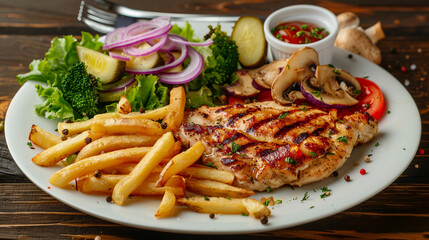 Homemade chicken chop with spices, lettuce and vegetables on a plate.