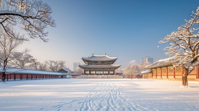 A peaceful winter day at Gyeongbokgung Palace, with snow blanketing the historic grounds. - Powered by Adobe