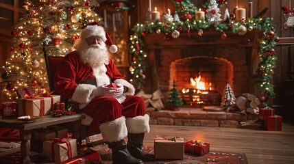 Santa Claus delivering gifts in a cozy living room decorated for Christmas, with a roaring fireplace and a beautifully adorned tree