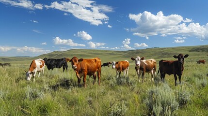 Fototapeta premium Cows Grazing in a Green Field