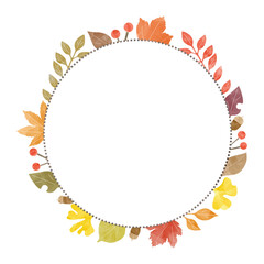 秋の植物の円形フレーム、水彩、紅葉のフレーム