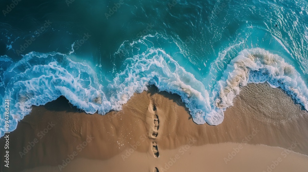 Sticker Aerial View of Beach Waves and Footprints