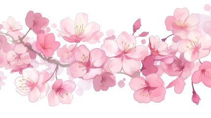 A vector illustration of pink cherry blossoms in watercolor style, arranged vertically to form an elegant pattern on white background.  generated AI