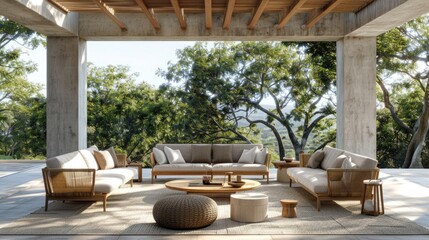 Fototapeta premium Cozy outdoor living room setup with modern furniture, offering a relaxing view of nature and perfect for rest and relaxation