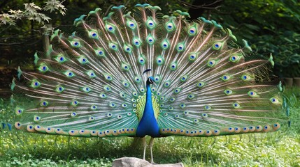 Obraz premium Peacock with Spread Feathers in Garden