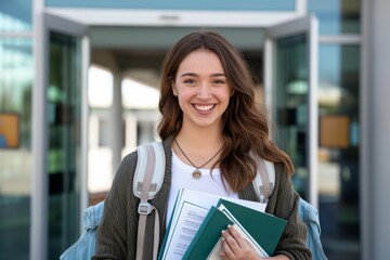 A happy female student with long hair standing outdoors, holding books and papers in front of a modern building. She appears confident and optimistic about her education and future