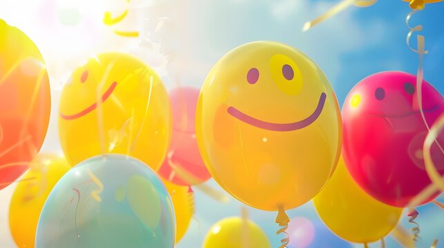 Smiling yellow balloons float against a bright blue sky.