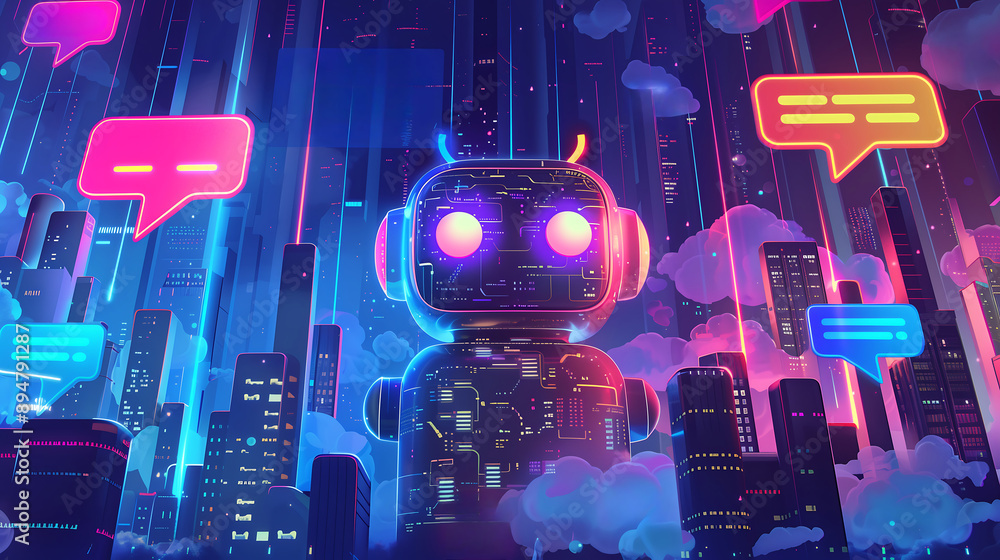 Aufkleber futuristic cityscape large illuminated robot with speech bubbles representing advanced ai-powered co