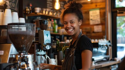 Happy barista serving customer in coffee shop.