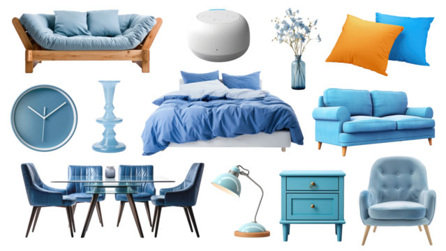 PNG blue modern furniture set, transparent background - Powered by Adobe