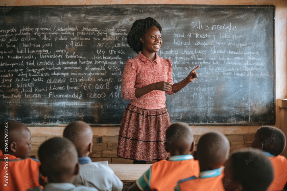 Aufkleber A female teacher is actively engaging students in a classroom setting using a blackboard for interactive learning. The lesson appears to be engaging and educational for the young learners