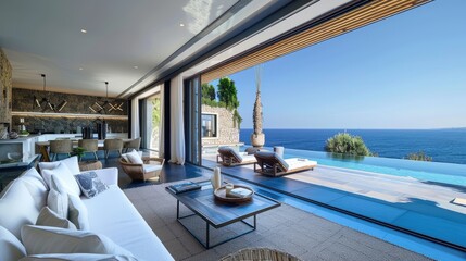 Fototapeta premium Elegant modern hotel lounge with luxurious design, featuring a summer villa house with a private swimming pool and stunning sea view