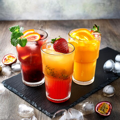 a glasses of strawberry,apple,orange. and passion fruit cocktail with ice