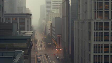 photorealistic seattle downtown street view in foggy overcast conditions with a gray sky and buildings in the background depicted in gray tones. generated AI