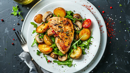 Homemade chicken chop with spices, lettuce and vegetables on a plate.