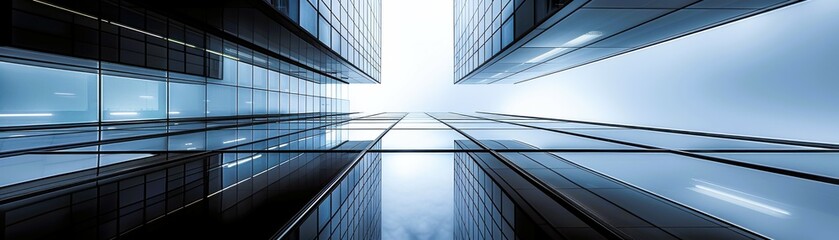 Obraz premium A stunning view of modern buildings reaching towards a bright sky, showcasing sleek architecture and urban sophistication.