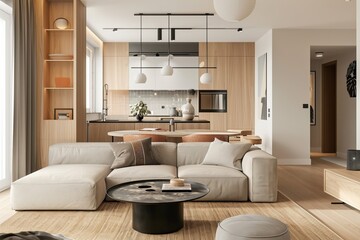 Interior of modern living room with brown sofa and coffee table.