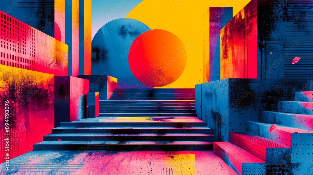 Poster a vibrant abstract composition showcasing geometric shapes and bold colors, creating a striking visu