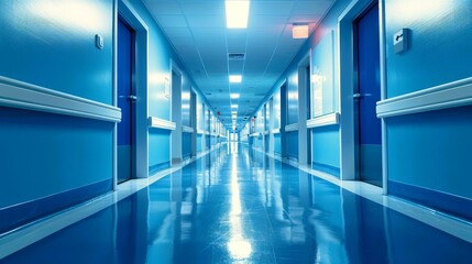 A modern hospital corridor with bright blue walls and a shiny floor, representing cleanliness and advanced medical care.